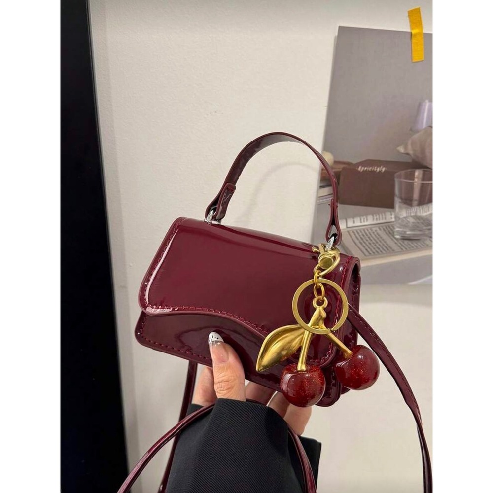 Burgundy Patent Mini Top Handle Crossbody Bag with Cherry‎ Charm Accessory